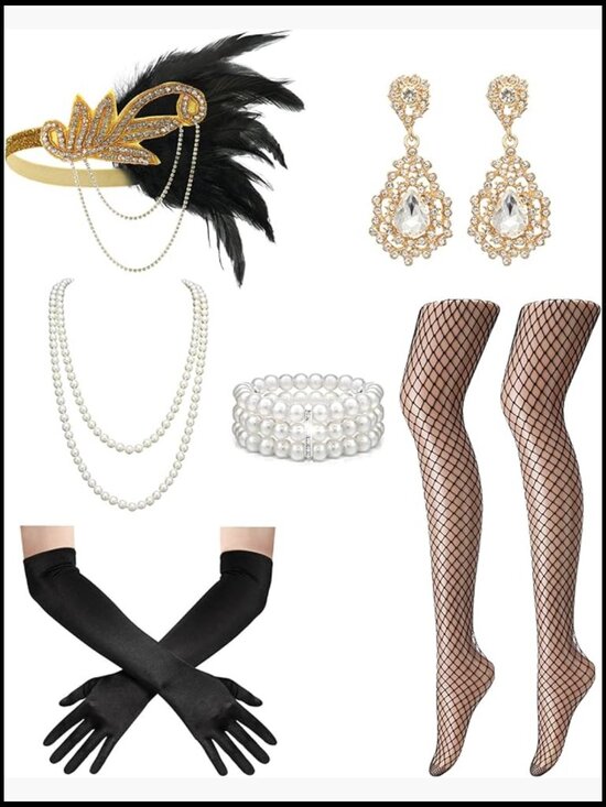 Roaring 20s Flapper Accessory Set Feather Headband Vintage Pearl Necklace Opera main image 4